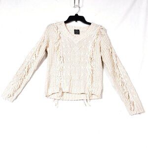 FCT With Love Fringed Cable Knit Sweater Women’s Cream Beige Pullover Boho Chic